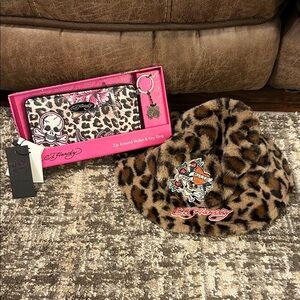 New Ed Hardy Leopard Print Wallet and Hat with Skull Design
